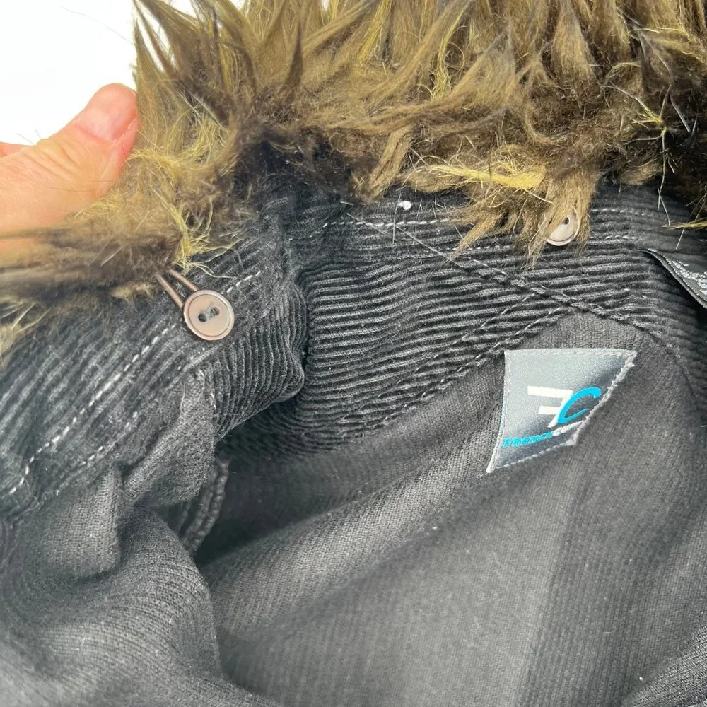 Women's Black Corduroy Jacket y2k Faux Fur Detachable Collar French Cuff Size PL